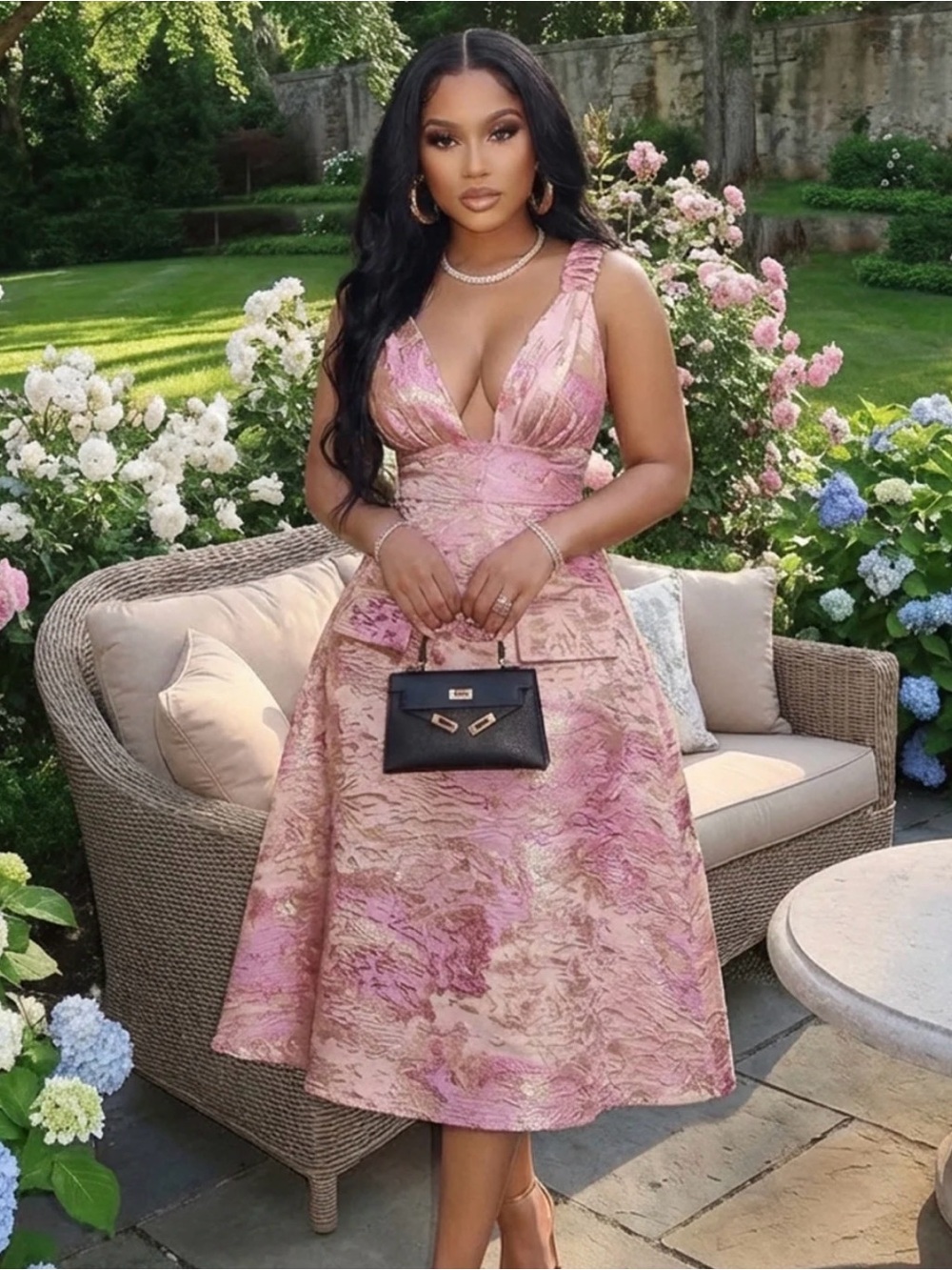 Pink Jacquard V-Neck Midi Dress with Textured A-Line Skirt